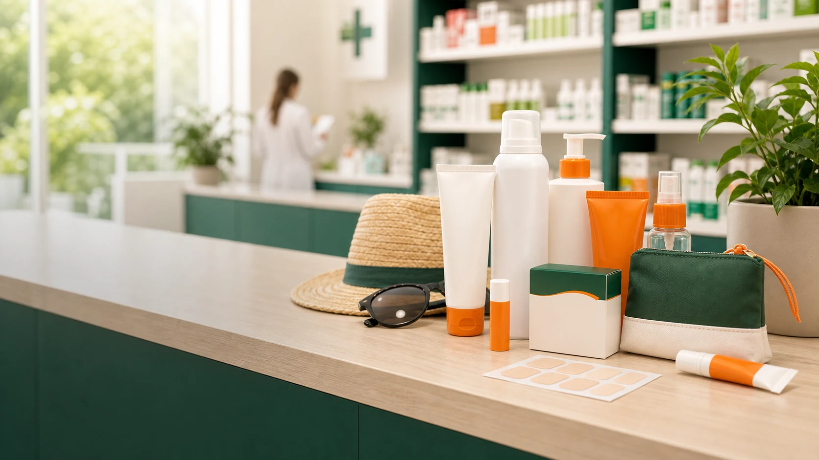 Produse SPF și trusă de vară pe tejghea de farmacie