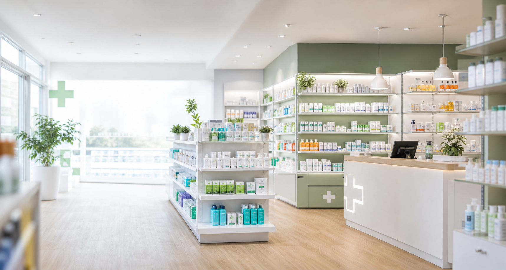 Interior modern de farmacie Viofarm
